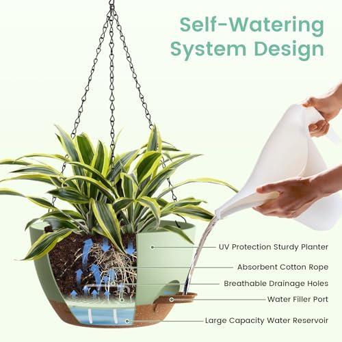 UOUZ 4 Pack 8 Inch Self Watering Hanging Planters for Indoor Outdoor Plants，Hanging Pots for Plants with Drainage Removable Tray, Hanging Baskets Flower Pots for Pothos Spider Garden Green with Brown - Image 4