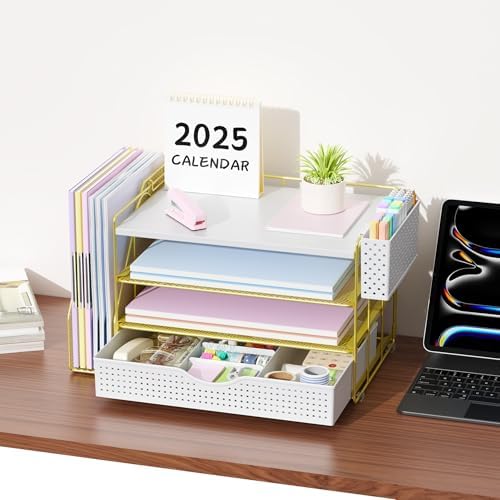 Wood Desk Organizers and Accessories with File Holder, 4-Tier Desk Accessories & Workspace Organizers with Drawer and Pen Holder, Desk Reference Organizer (Gold, 4T with Drawer) - Image 6