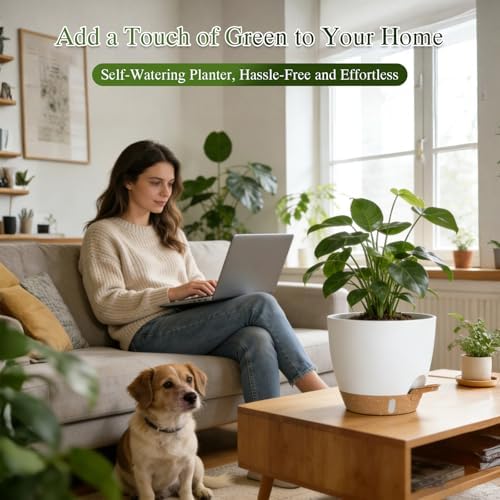 Self Watering Pots with Drainage Holes, 2 Pack 8 Inch Plant Pots with Water Level Indicator Deep Reservoir, Large Plastic Planter for Indoor Outdoor Plants - White Brown - Image 5