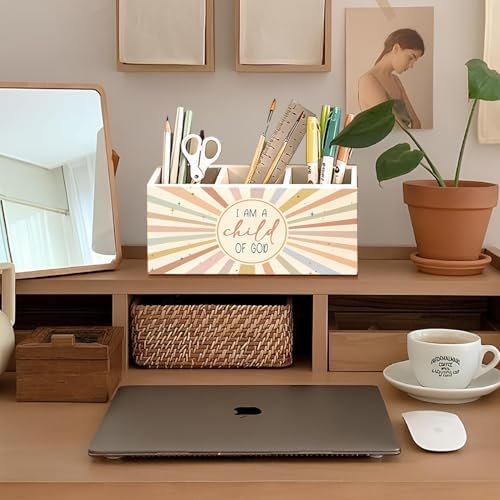 Boho Sunshine Christian Pen Holder, Christian Gifts Pencil Holder for Desk, I Am a Child of God Bible Verse Wooden Box Sign Decorations for Kids Nursery Room Bedroom Classroom Desk Tabletop - Image 3