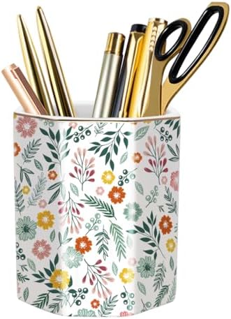 Large Capacity Colored Pen Holder for Desk, Ceramic Pencil Cup Cute Makeup Brush Holder, Desktop Supplies and Accessories, Pen Pencil Caddy for Office Home, Green Floral Pattern by WAVEYU