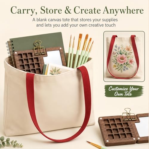 fsdyknej Portable Painting Kit for Adults, Travel Art Set with Mini Wooden Palette, Canvas Tote Bag, Brushes, Blank Cards and Bookmarks for DIY Creative Projects - Image 3