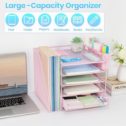 5-Tier Desk File Organizer with Drawer & Pen Holder (Pink) - Image 6