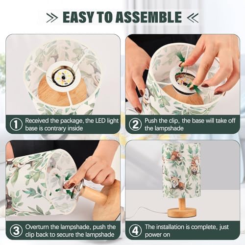 Fustylead Cute Red Panda Green Leaves Bedside Table Lamps with USB Port for Bedroom Lamp Accent Table Lamp Small Nightstand Lamp Sturdy Linen Shade Wooden Decorative Lamps for Home|Kids|Holiday - Image 6