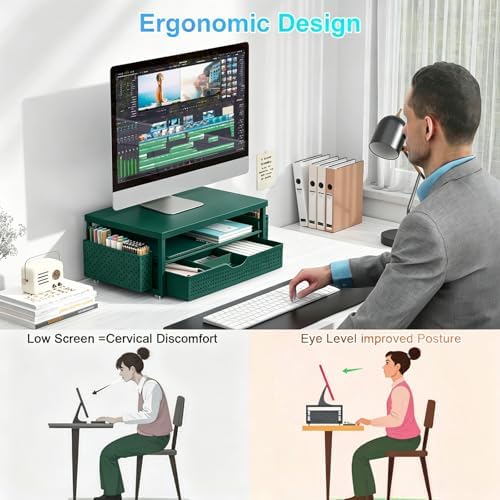 gianotter Desk Organizers and Accessories, Monitor Stand with Drawer and 2 Pen Holder, Desktop Organizer Suitable for Offices and Dormitories (Green) - Image 2