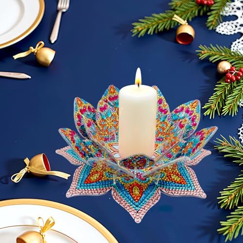 jinglinhh DIY Mandala Lotus Diamond Art Painting Aromatherapy Candle Holder Kit for Adults, Acrylic Diamond Art Tabletop Candlestick Holder Tray Ornaments Craft for Beginners(Blue Orange Lotus) - Image 5