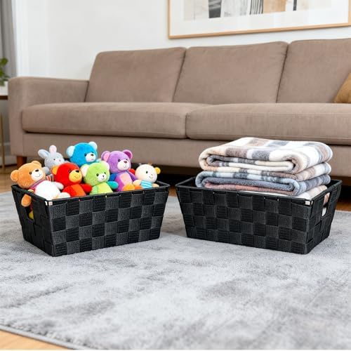 Black Storage Baskets for Shelves, Woven Shelf Baskets for Organizing, Small Strap Organizer Basket for Bathroom Storage, Set of 4 - Image 6