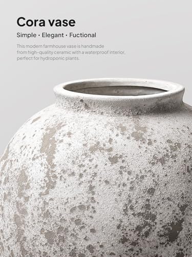 Large White Ceramic Vase - 9.8 Inch Rustic Farmhouse Flower Vase for Home Decor, Minimalist Tall Vases for Living Room, Table, Bathroom, Holiday & Weddings (Sandstone Grey) - Image 4