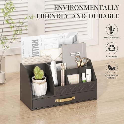 Bamboo Desk Organizer with Drawers, Mail Organizer Countertop Wood Desk Drawer Tabletop Storage Organization Pen Holder Letter Sorter Makeup Organizer for School Home Office (Black) - Image 7