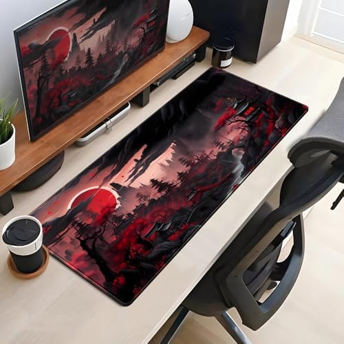Riverside Full Moon Desk Pad Black Red Desk Mat Japanese Anime Extended XXL Keyboard Pad for Desk Gaming Computer Laptop Office Mouse Pad with Stitched Edges Non-Slip Large Computer Mat 31.5x11.8 in - Image 4