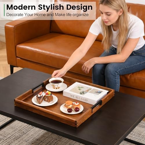 Large Ottoman Tray for Living Room and Coffee Table, Decorative Acacia Wood Serving Tray with Metal Handles for Breakfast in Bed, Dinner Food Kitchen TV (Natural, 17" x 17" x 2") - Image 2