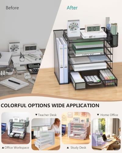WALI Desk File Organizer, 6 Tier Desktop Paper Letter Tray Organizer with Drawer and 2 Pen Holders, Office Desk Accessories & Workspace Organizers for Office, Home Supplies(DO007DH-B), 1 Pack, Black - Image 6