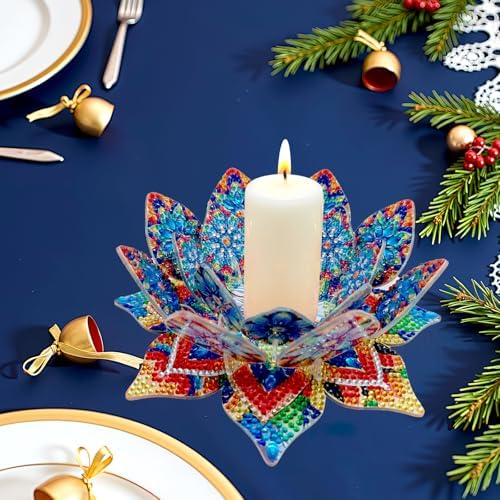 jinglinhh DIY Mandala Lotus Diamond Art Painting Aromatherapy Candle Holder Kit for Adults, Acrylic Diamond Art Tabletop Candlestick Holder Tray Ornaments Craft Project for Beginners(Blue Lotus) - Image 4