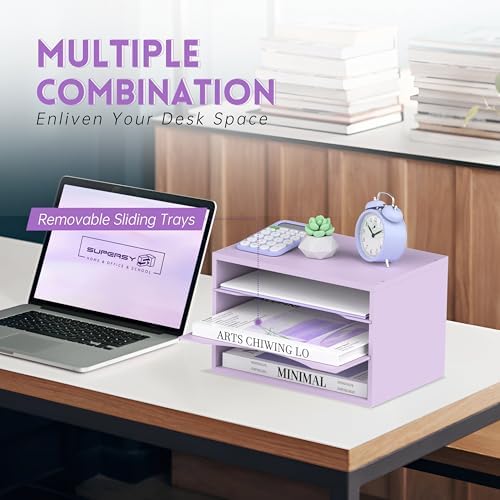 3 Tier Wood Desk Organizer, Paper Organizer for Desk, Purple - Image 4