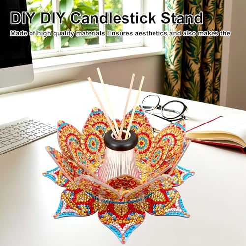 jinglinhh DIY Mandala Lotus Diamond Art Painting Aromatherapy Candle Holder Kit for Adults, Acrylic Diamond Art Tabletop Candlestick Holder Tray Ornaments Craft Project for Beginners(Orange Lotus) - Image 5