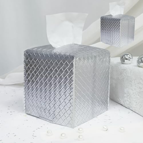 HOMOTEK 2 Pack Tissue Box Cover, Square PU Leather Tissue Holder, Decorative Facial Tissue Cube Paper Organizer Dispenser for Bathroom, Night Stands, Desk, Car 5X5X5'' - Woven Waffle, Silver by HOMOTEK