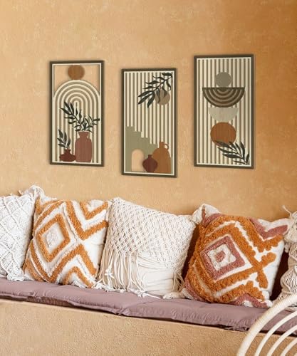 Putuo Decor Boho Wall Art Set of 3, Abstract Geometric Wooden Wall Decor, Mid-Century Modern Aesthetic Artwork with Arch, Vase & Botanical Design for Living Room, Bedroom, Office, 16.5 x 8.6 Inch - Image 6