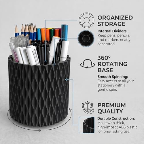 Lebenrich Aesthetic Black Pen Holder for Desk, Rotating Plastic Desk Pencil Holder Organizer for Home School Office - Image 3