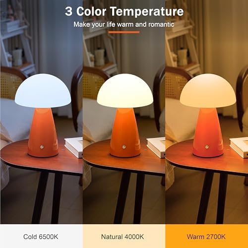 Mushroom Lamp Glass Rechargeable Battery Operated Mushroom Table Lamp Orange LED Vintage Modern Cordless Small Lamp Retro Dimmable Bedroom Nightstand Bedside Decor Aesthetic Home Birthday Gift - Image 5