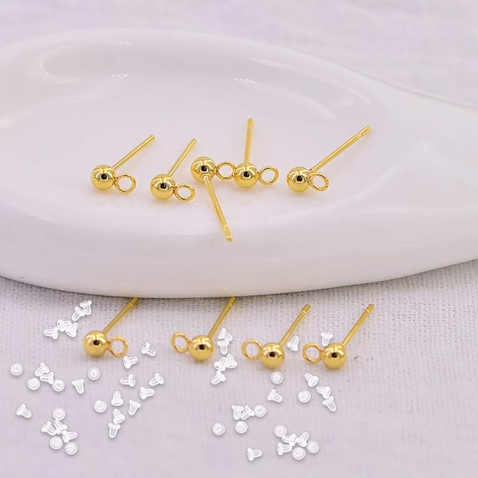 100pcs Ball Post Earring Studs for Jewelry Making, Round Ball Earring Posts with Loop Hypoallergenic Ear Pins and 100Pcs Clear Ear Backs for DIY Jewelry Findings Making Kit(KC Gold)