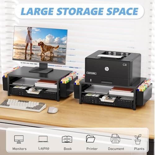 OPNICE Desk Organizers and Accessories, Computer Monitor Stand Riser with Drawer and 2 Pen Holders, Printer & Laptop Stand, Office Desk Accessories & Workspace Organizers for Home Office Supplies, Black 2-Pack - Image 3