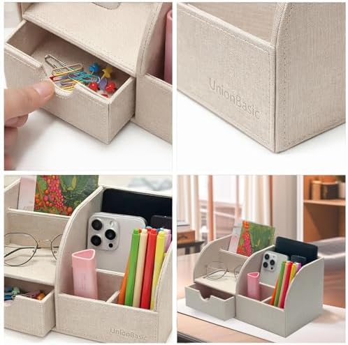 UnionBasic Desk Organizer - Multifunctional Leather Desktop Pen Holder Storage Box - Business Card/Pen/Pencil/Mobile Phone/Stationery Holder, Beige - Image 3