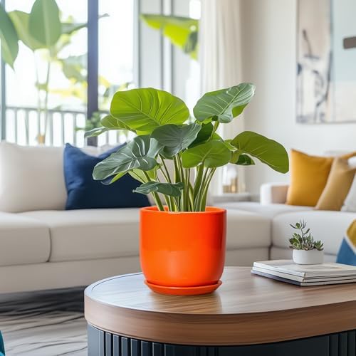 7 Inch Plant Pot - Ceramic Planter with Drainage Hole and Saucer, Modern Round Ceramic Flower Pot for Indoor Outdoor Plants, Plant Lover Gifts, Home Garden Office Decor, Orange - Image 2