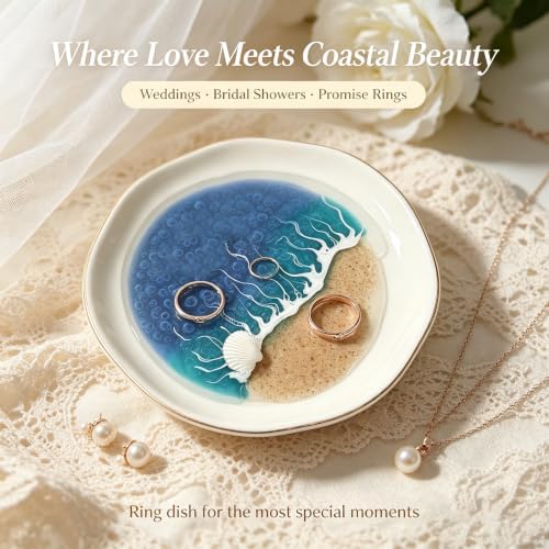 Small Decorative Tray, Ocean Resin Coastal Beach Ceramic Tray, Gold Rim Ring Dish Jewelry Holder, Mini Trinket Dish for Vanity Shelf Bathroom Home Decor (P) - Image 3