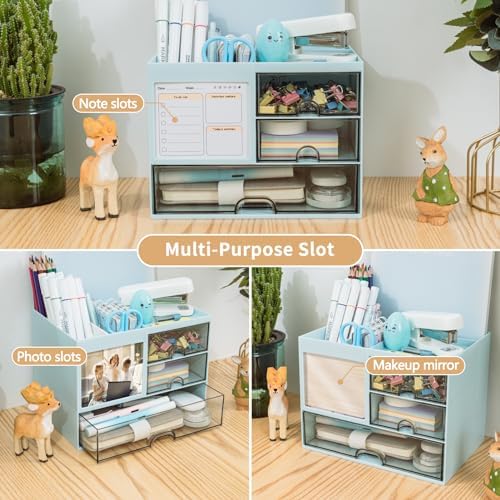 QIYVLOS Desk Organizer with 3 Drawer, Multi-Functional Pencil Pen Holder for Desk, Desk Organizers and Storage with 8 Compartments, Desktop Organizer for Office Home Art Supplies (Blue) - Image 4