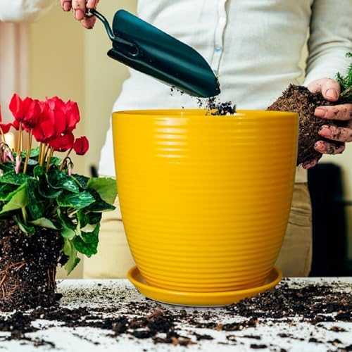 12 Inch Pots for Plants - Ceramic Planter for Indoor Plants Large Plant Pot with Drainage Hole and Saucer Round Outdoor Flower Pot for Garden Home Patio Office Yellow - Image 4