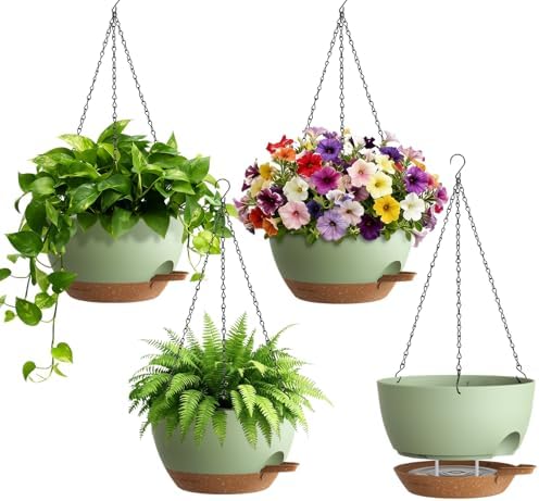 UOUZ 4 Pack 8 Inch Self Watering Hanging Planters for Indoor Outdoor Plants，Hanging Pots for Plants with Drainage Removable Tray, Hanging Baskets Flower Pots for Pothos Spider Garden Green with Brown by UOUZ