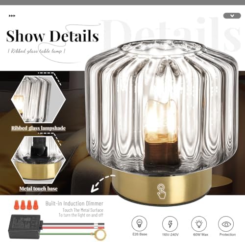 Touch Table Lamp for Bedside, Smoke Gray Glass Table Lamps Mid Century Modern Table Lamp Gold nightstand lamp Mini Desk lamp for Bedroom Living Room Office - Image 4