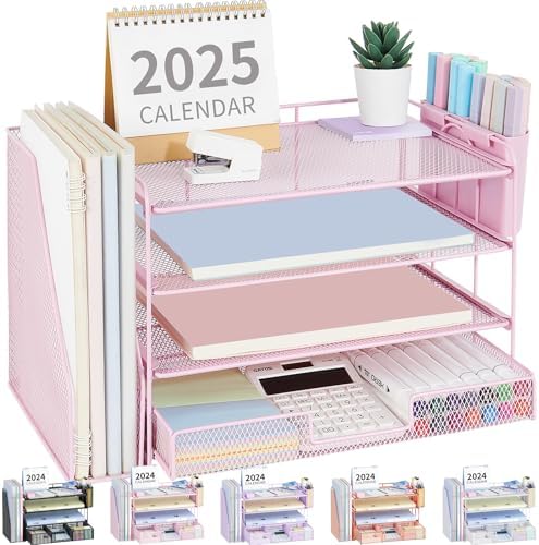 OPNICE Desk Organizer, 4-Tier Desktop File Organizer with Drawer and Pen Holders, Office Desk Accessories, File Sorters, Workspace Organizers for Office Supplies(Pink) by OPNICE