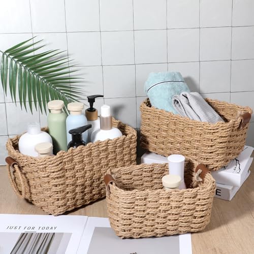 3 Pcs Small Wicker Basket for Organizing Paper Rope Storage Baskets with Handle Handwoven Storage Basket for Shelves Bathroom Cupboards Drawer Organizing and Home Decor - Image 4