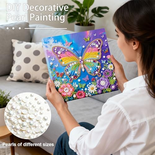 ARTopet DIY Pearl Painting Kit with Frame Gemstone Pearl Diamond Dots Beads Canvas Art Craft for Adult Beginners Display for Tabletop and Wall Mounting Home Decor-Colorful Butterfly - Image 4