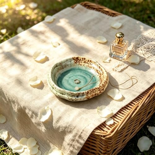 Ceramic Jewelry Dish, 5 Inch Wabi Sabi Speckled Trinket Tray, 4 Footed Shallow Ring Dish, Rustic Green Speckled Decorative Bowl for Rings Earrings Necklaces, Vanity Organizer, Gift for Women - Image 3