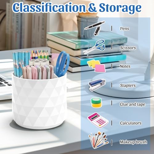 minimaliving Desk Organizer,Sparkling Diamond-like Pen Holder for Desk 360°Rotating Office Accessories,Pencil Cup with 5 Compartments Storage Box Caddy for Office,School,Home,Art Supply(White) - Image 7