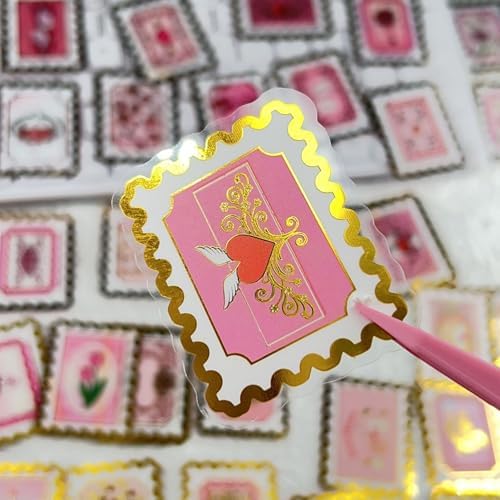 50 PCS Cartoon love stamps Stickers Aesthetic PET Stickers Gold Stamp Decal Waterproof Decorative Decals for Scrapbook DIY Crafts Album Bullet Journal Planner Water Bottles Laptop Phone (Gold stamp-B) - Image 5