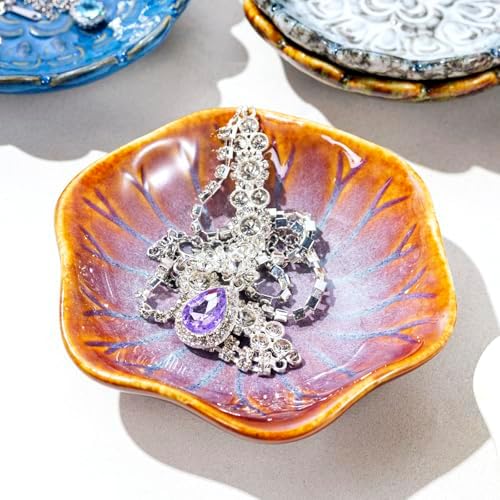 Vintage-Inspired Ceramic Jewelry Dish – Handcrafted Floral Trinket Trays in Luxe Glazed Porcelain | Antique-Style Ring Holders for Vanity & Dresser Décor (1, Kiln turned Lotus Purple) by Unknown