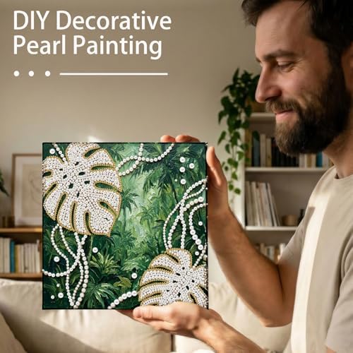 LQCrafK DIY Pearl Art Painting Handcraft Kit for Adults Beginners with Tools and Framed Painting, Creative Design,Self-Adhesive, Healing Stress-Relieving Home Wall Decoration-Monstera Leaves - Image 5