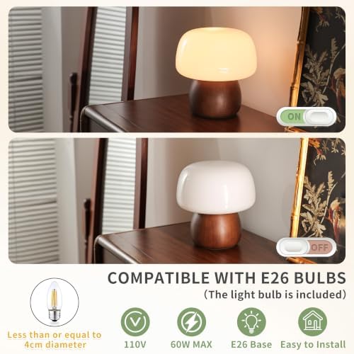 Mid Century Modern Table Lamps for Bedroom Milky White Glass Mushroom Lamp - Image 4