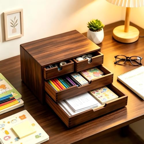 DEAYOU Bamboo Desk Organizer, 100% Natural Bamboo Desktop Drawer Organizer, Dark Brown Tabletop Storage Cabinet Organization Box with 4 Drawer for Makeup, Letter, Home, 3 Layer, Fully Assemble - Image 6