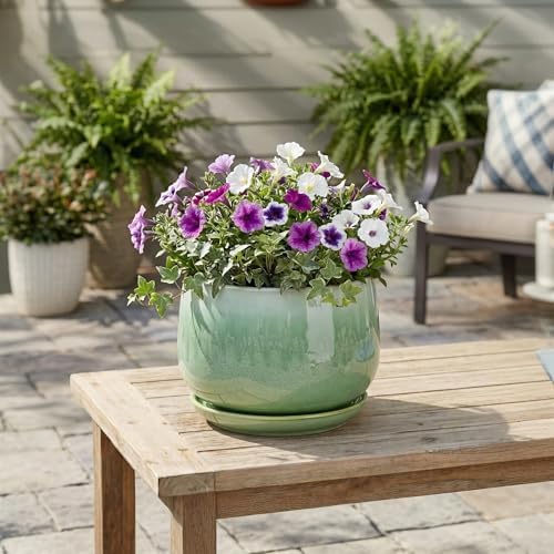 9 Inch Plant Pot - Ceramic Planter with Drainage Hole and Saucer, Decorative Ceramic Pots for Indoor Plants, Round Durable Flower Pot, Office House Patio Decor, Gifts for Plant Lovers, Green - Image 3
