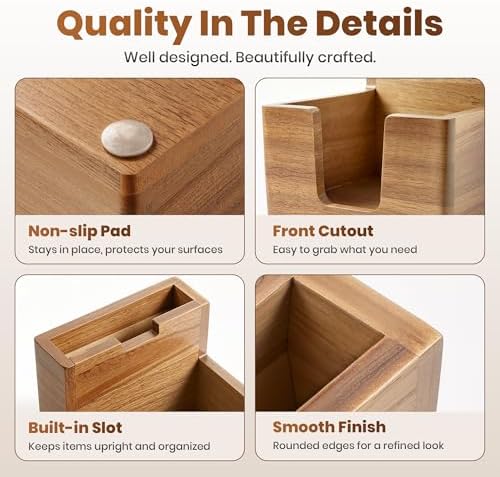 Acacia Wood Sticky Note Holder with Pen Slot, 3x3 Sticky Note Dispenser for Desk, Non-Slip Pads Office Storage Organizer - Image 2