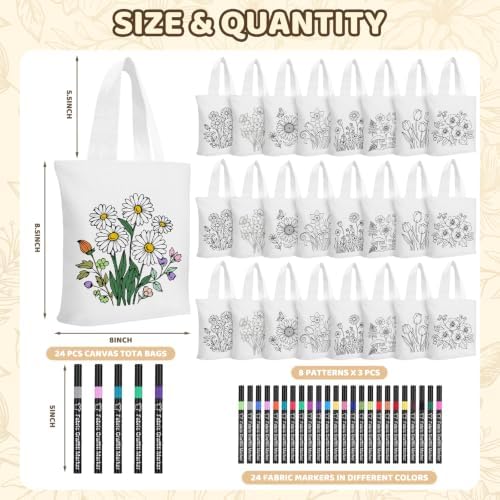 48 Pcs Floral Canvas Tote Bags Kit Craft Paint Color Your Own - Image 3