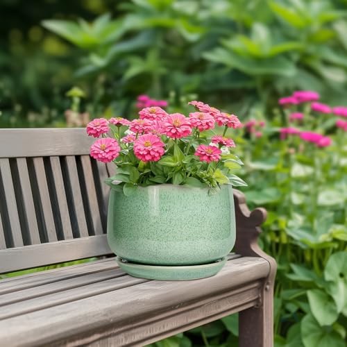 G EPGardening Ceramic Plant Pot - 7 Inch Ceramic Planter for Indoor Outdoor Plants, Flower Pot with Drainage Hole and Tray, Modern Round Planter, Plants Lovers Gifts, Home Garden Decor, Green - Image 4