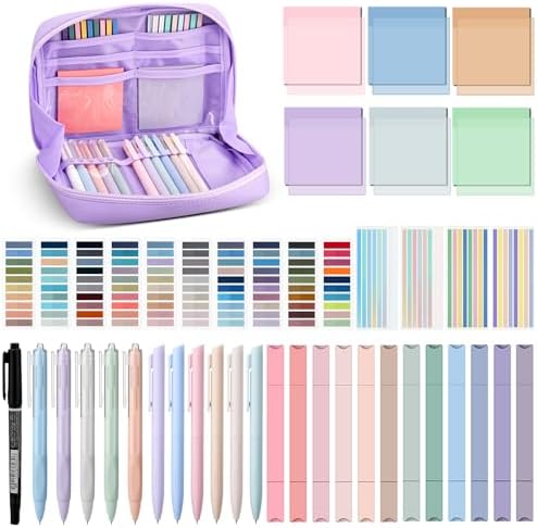135 Pcs Book Annotation Kit Aesthetic Pencil Case Bag 12 Highlighter 11 Gel Pen 1 Marker 300 Sheet Transparent Sticky Notes Pad 2640 Index Stickers Bible Study Supplies(Kawaii,Purple) by Trandraft