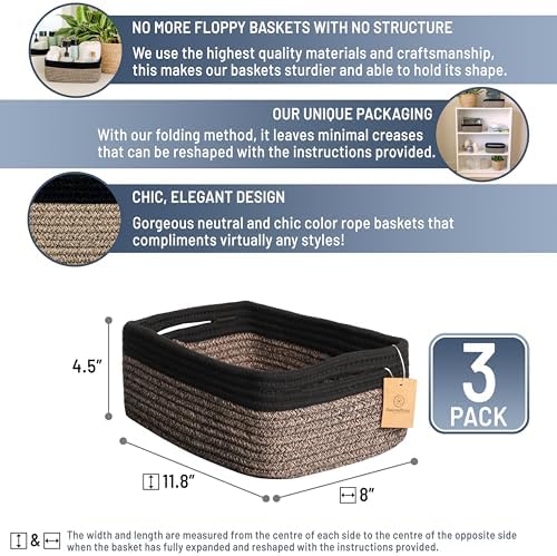 NaturalCozy 11.8"x8"x4.5” Rectangle Storage Baskets for Shelves 3 Pack | Cotton Rope Woven Small Baskets for Organizing | Small Storage Bins for Nursery, Bathroom, Closet, Shelf, Decorative, Gift - Image 2