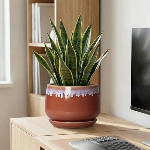 9 Inch Ceramic Planter, Indoor Planters with Drainage, Red-Purple - Image 7