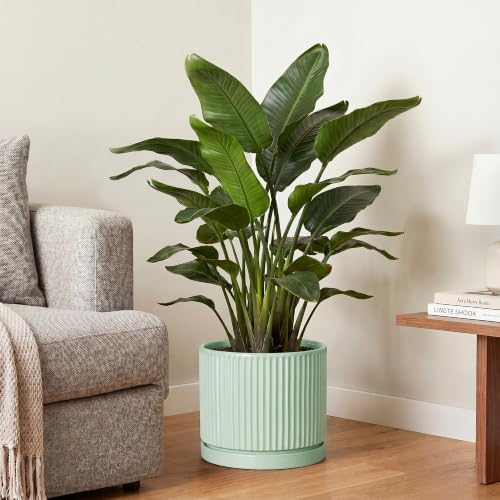 Ceramic Planter, 10 Inch Flower Pot with Saucer, Mint Green - Image 4